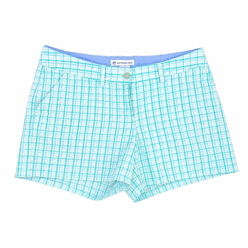 Southern Tide Womens Teal White Gingham Seersucker Shorts Size 10 Cotton Preppy